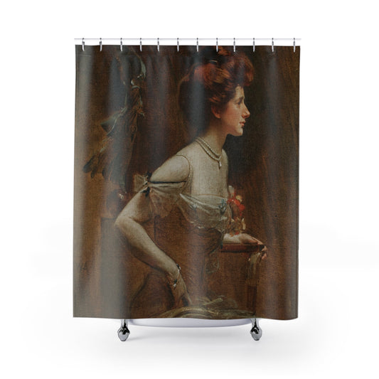 Victorian Portrait Shower Curtain with woman in tan design, elegant bathroom decor showcasing Victorian fashion.