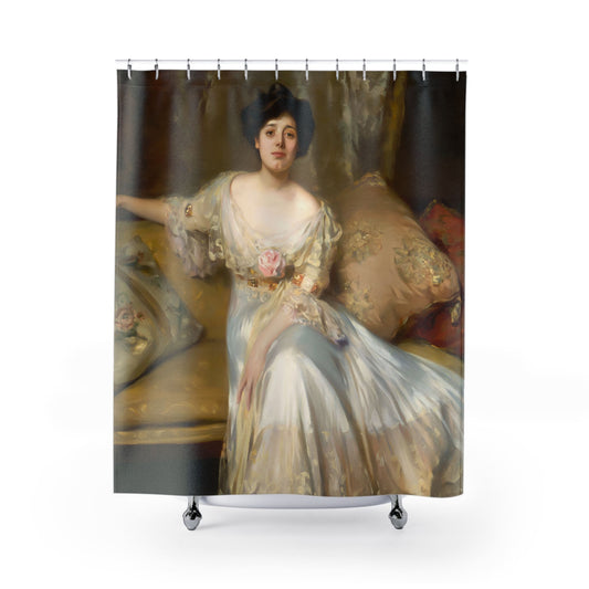 Victorian Portrait Shower Curtain with white period dress design, historical bathroom decor showcasing Victorian fashion.