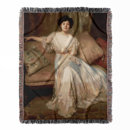 Victorian Portrait woven throw blanket, crafted from 100% cotton, delivering a soft and cozy texture with a white period dress for home decor.
