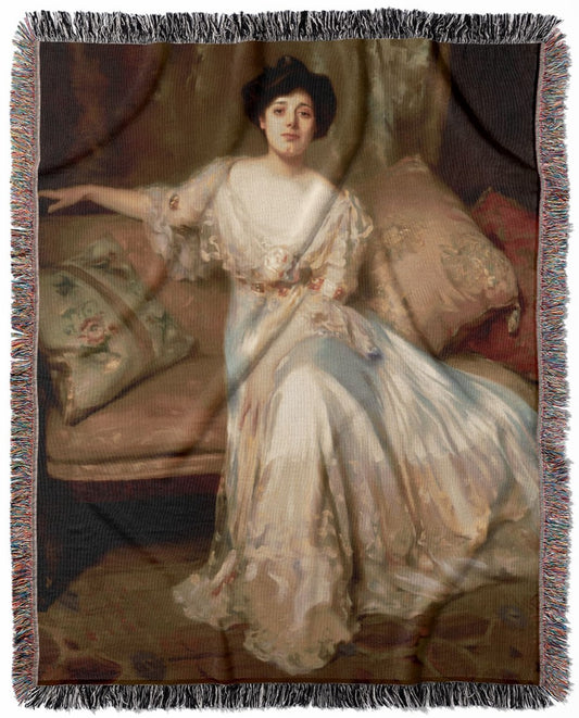 Victorian Portrait woven throw blanket, crafted from 100% cotton, delivering a soft and cozy texture with a white period dress for home decor.