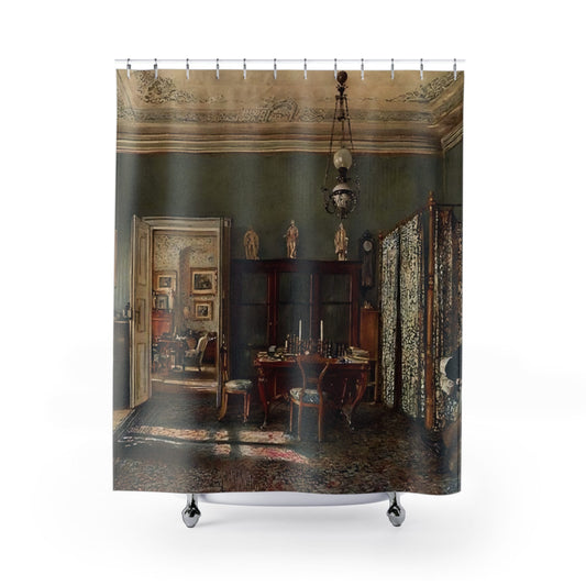 Victorian Room Aesthetic Shower Curtain with Rudolf von Alt design, historical bathroom decor featuring Victorian room art.