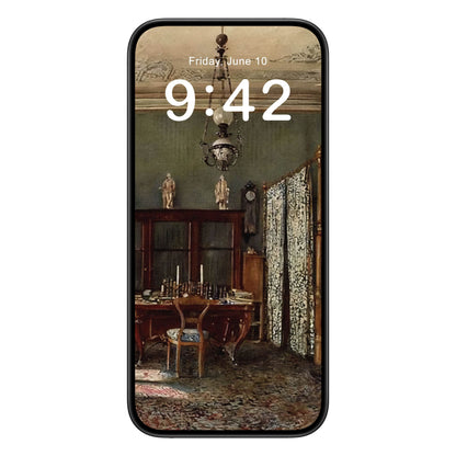 Victorian Room Aesthetic phone wallpaper background with rudolf von alt design shown on a phone lock screen, instant download available.