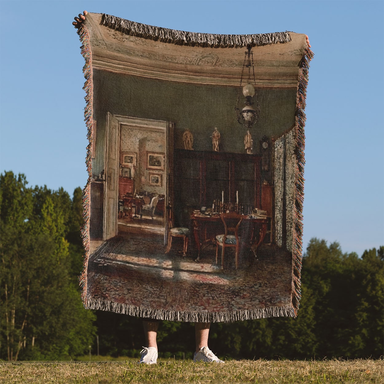 Victorian Room Aesthetic Woven Throw Blanket Held Up Outside