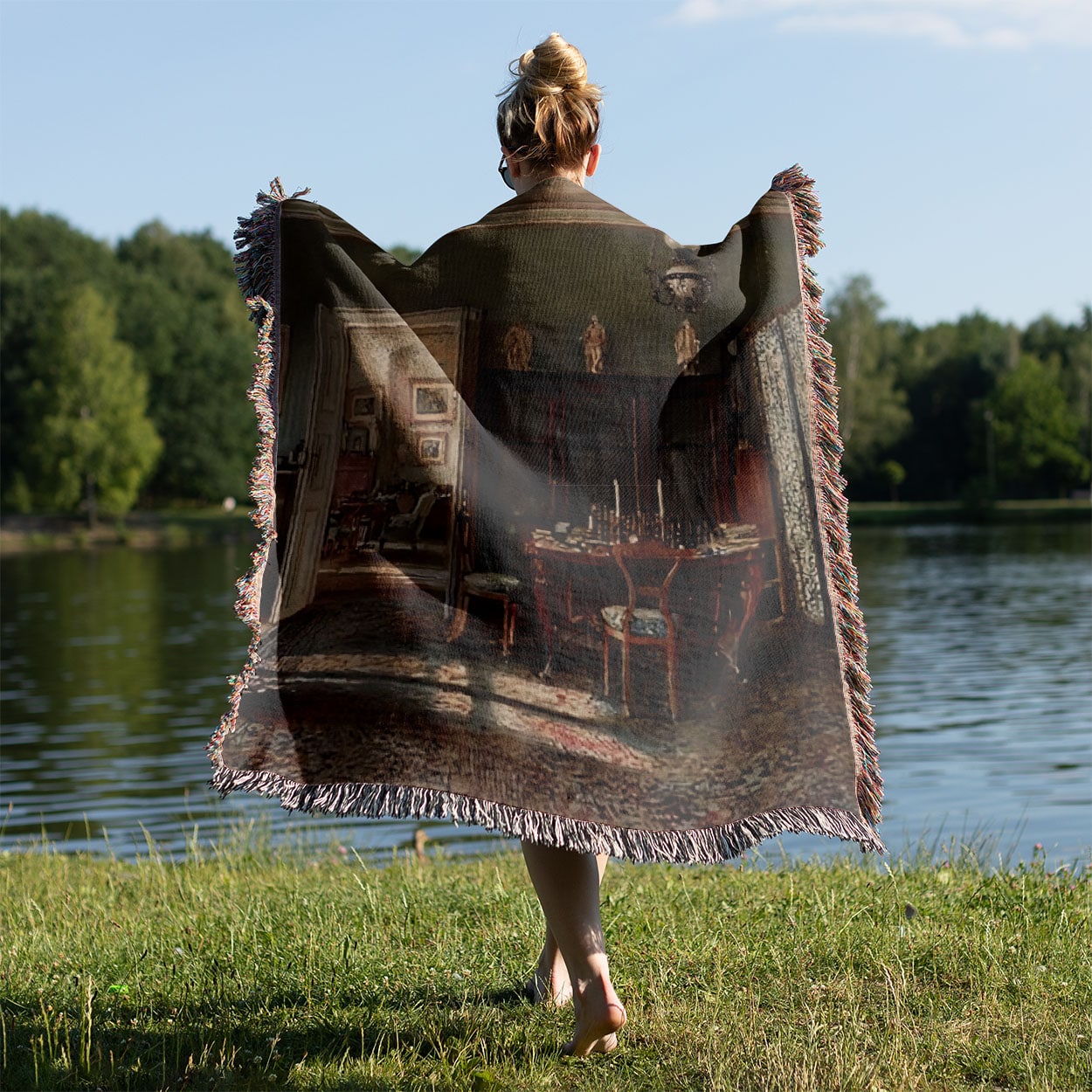 Victorian Room Aesthetic Woven Throw Blanket Held on a Woman's Back Outside