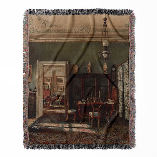 Victorian Room Aesthetic woven throw blanket, crafted from 100% cotton, presenting a soft and cozy texture with a Rudolf von Alt design for home decor.