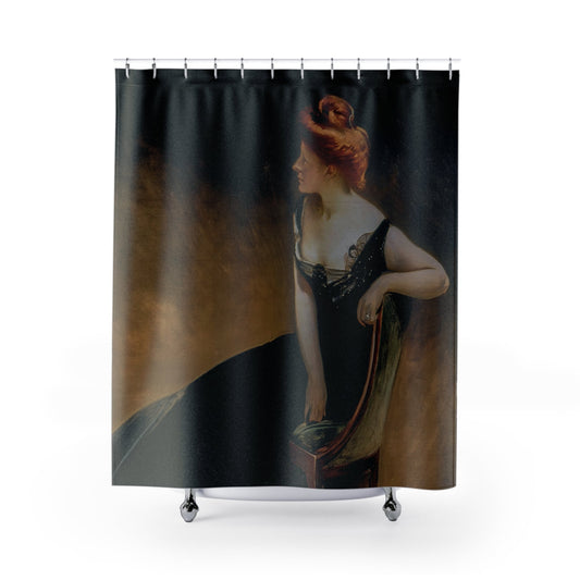 Victorian Woman Shower Curtain with lady in black design, historical bathroom decor showcasing Victorian fashion.