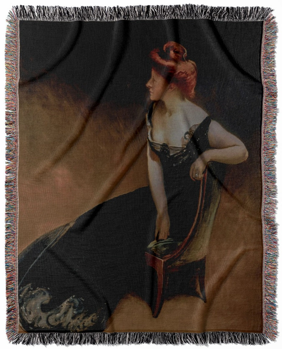 Victorian Woman woven throw blanket, made of 100% cotton, providing a soft and cozy texture with a lady in black design for home decor.