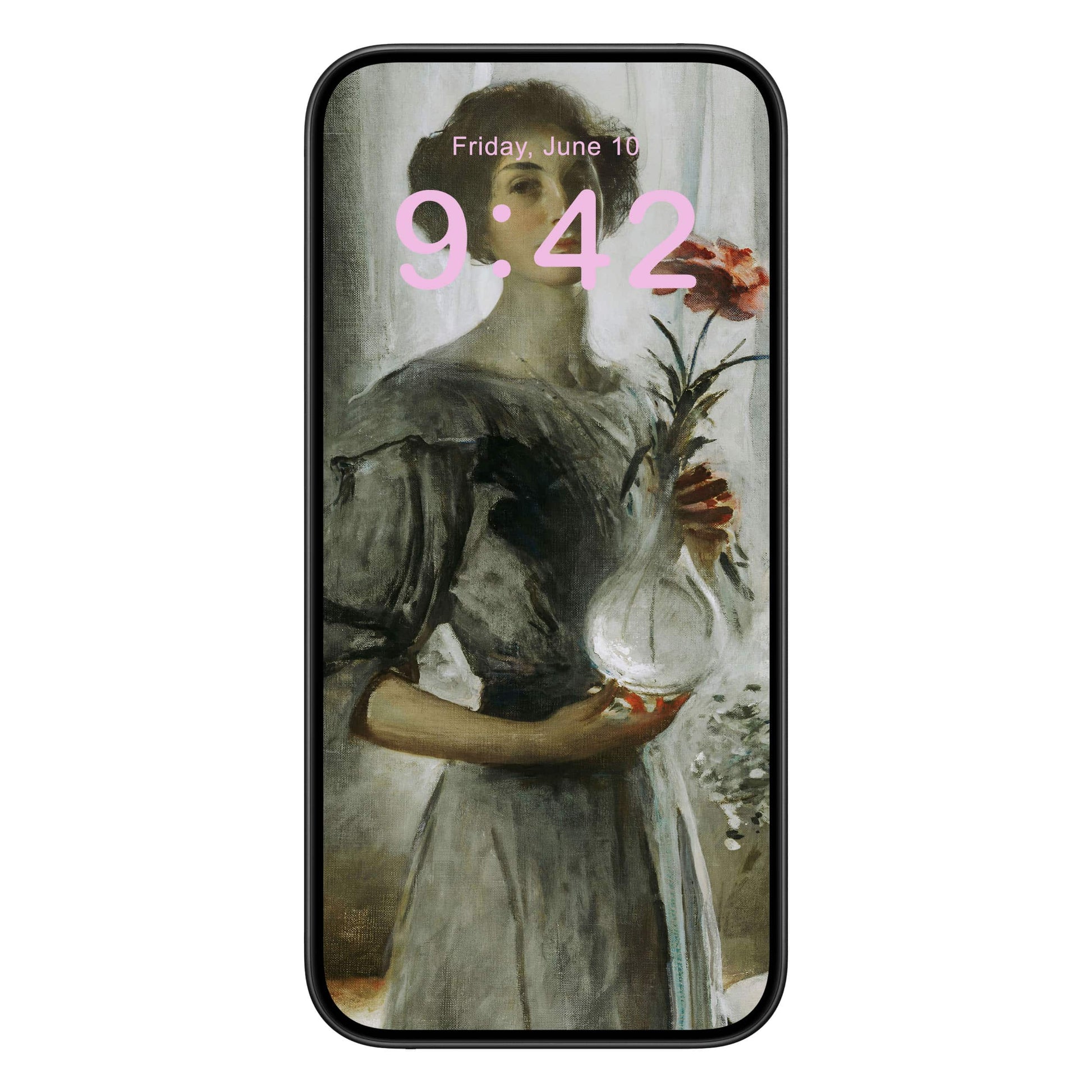 Victorian Woman with a Flower Phone Wallpaper Pink Text