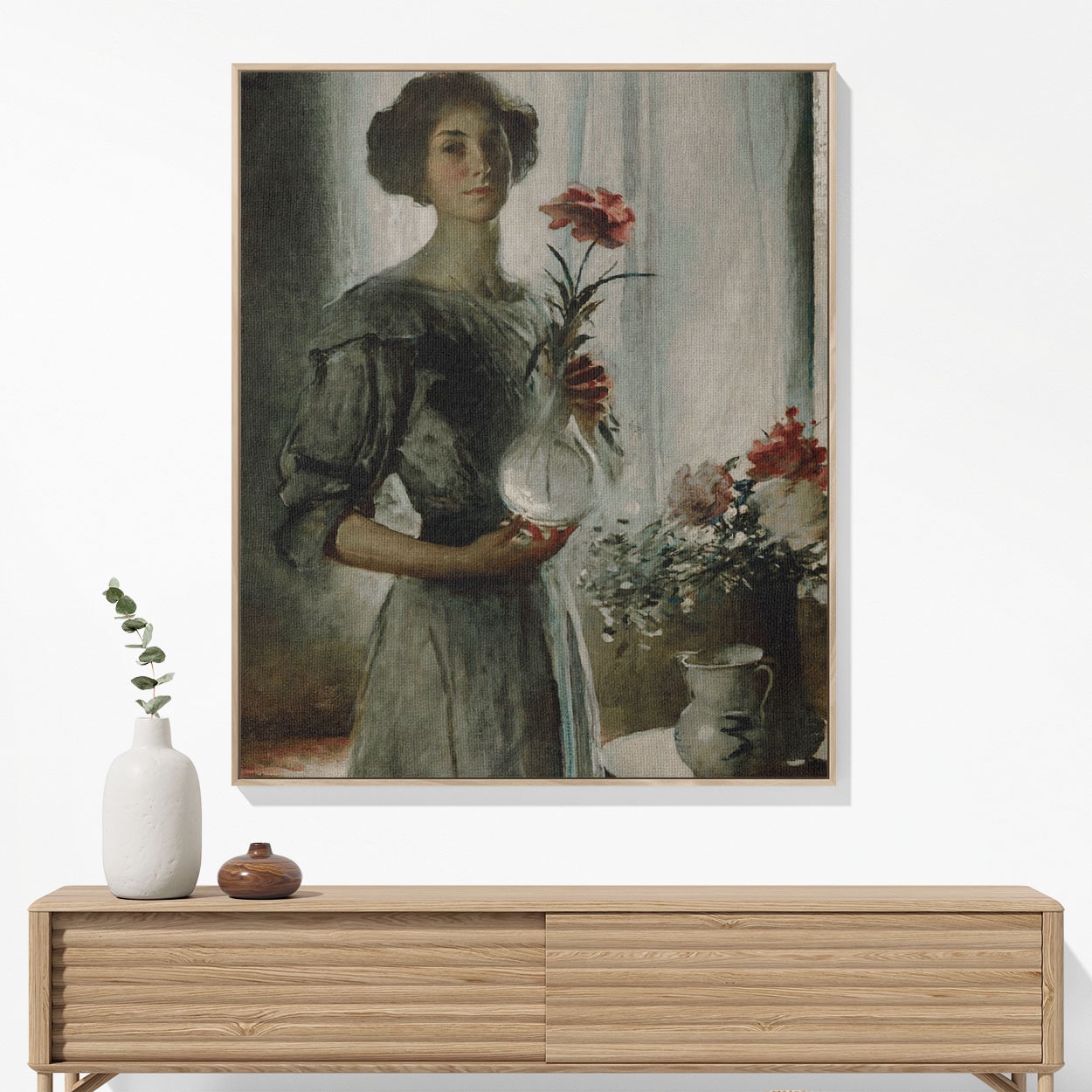 Victorian Woman with a Flower Woven Blanket Hanging on a Wall as Framed Wall Art