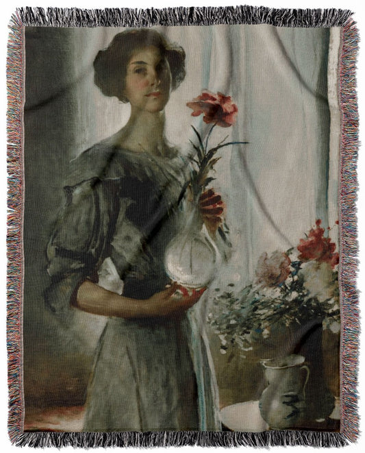 Victorian Woman with a Flower woven throw blanket, crafted from 100% cotton, offering a soft and cozy texture with an impressionism theme for home decor.