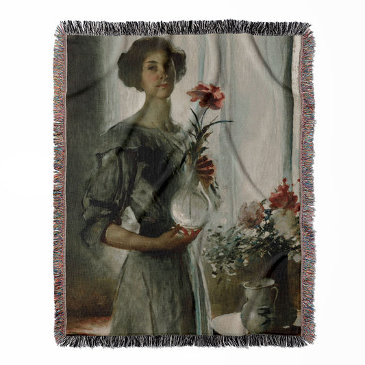 Victorian Woman with a Flower woven throw blanket, crafted from 100% cotton, offering a soft and cozy texture with an impressionism theme for home decor.