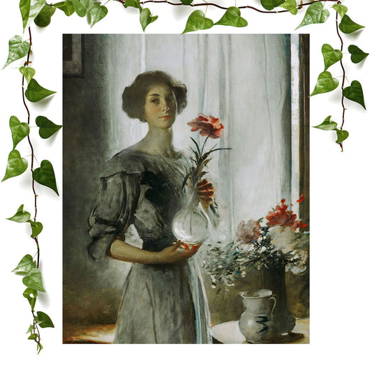 Victorian Woman with a Flower art print impressionism, vintage wall art room decor