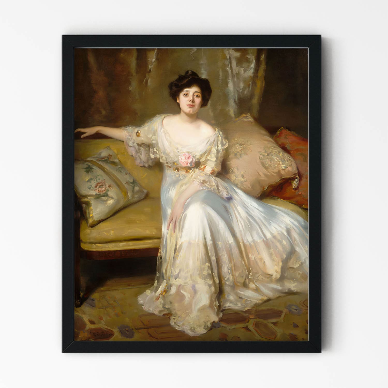 Woman in a White Dress Painting in Black Picture Frame