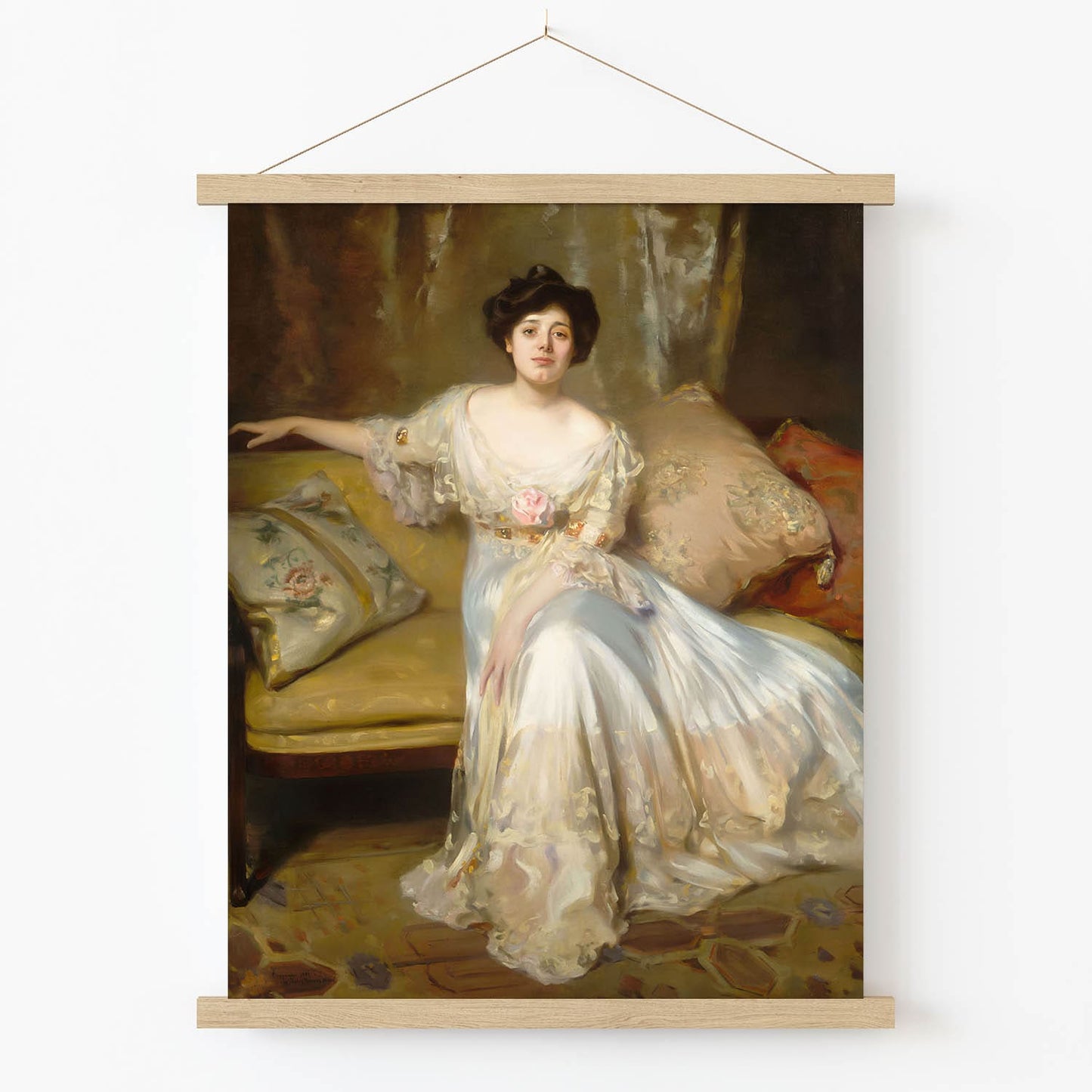 Woman in a White Dress Art Print in Wood Hanger Frame on Wall