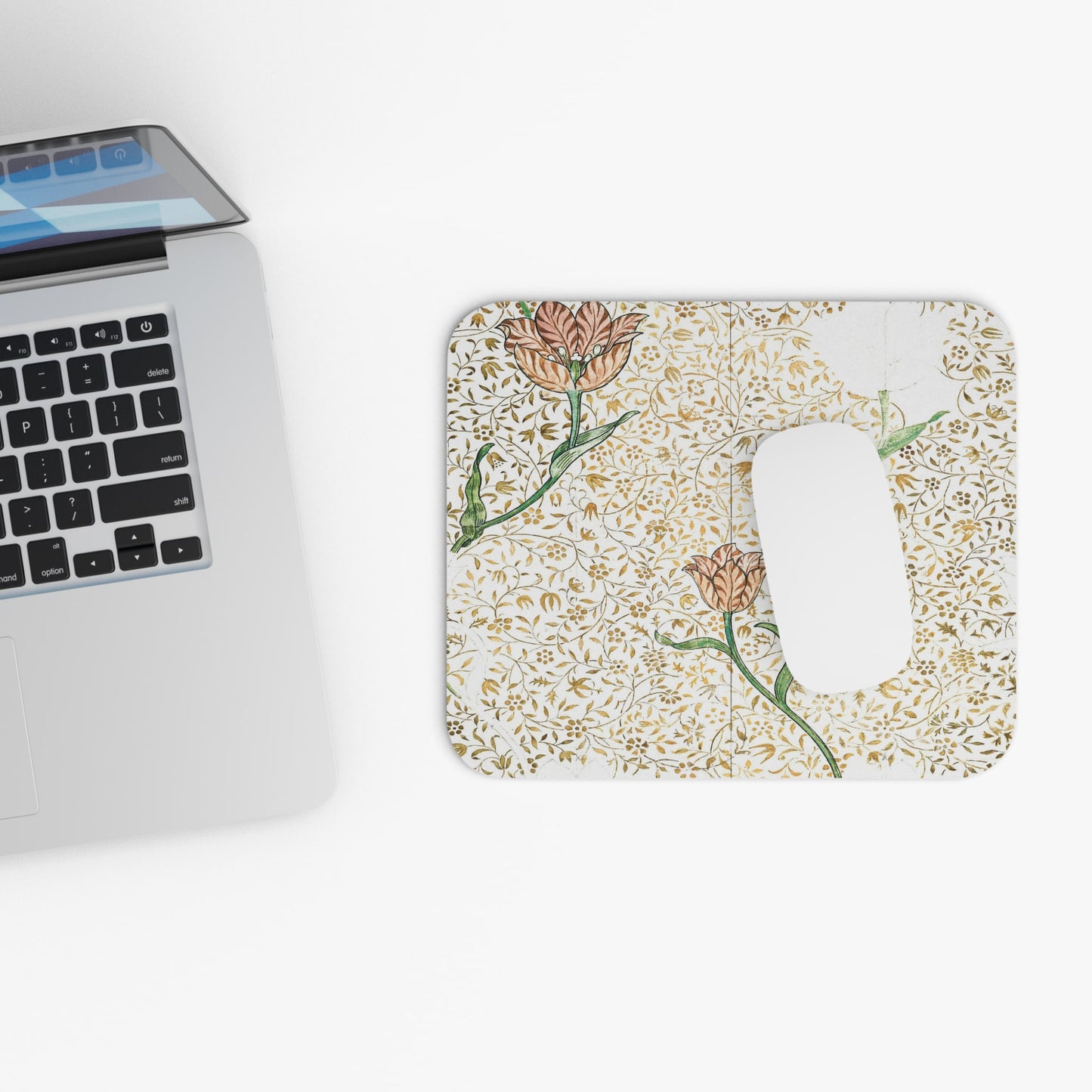 Vintage Aesthetic Floral Design Laptop Mouse Pad with White Mouse