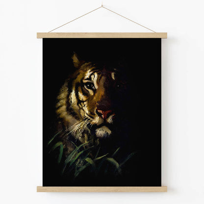 Dark Tiger Art Print in Wood Hanger Frame on Wall