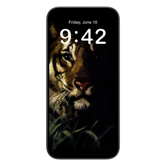 Dark Tiger phone wallpaper background with animal portrait design shown on a phone lock screen, instant download available.