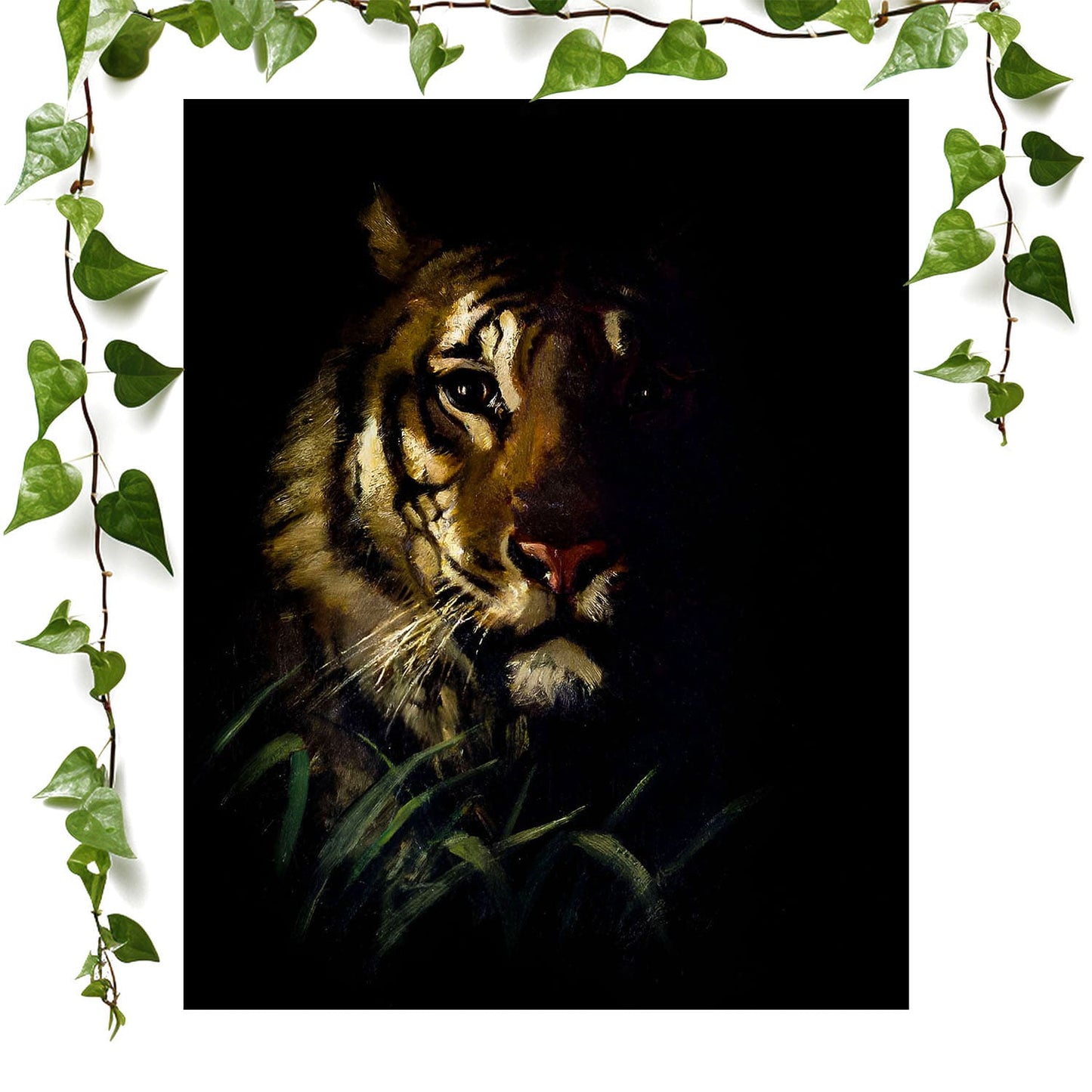 Dark Tiger art prints featuring a animal portrait, vintage wall art room decor