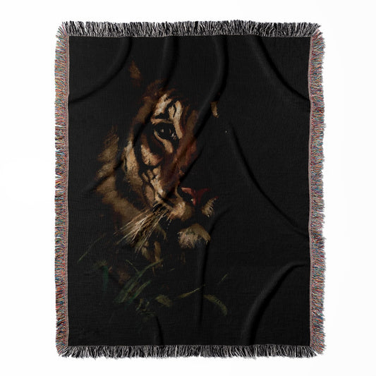 Dark Tiger woven throw blanket, made with 100% cotton, providing a soft and cozy texture with an animal portrait design for home decor.