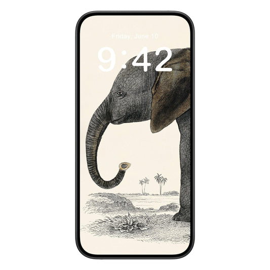 Vintage Animals phone wallpaper background with cute elephant design shown on a phone lock screen, instant download available.
