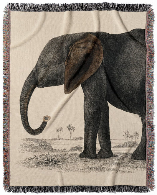 Vintage Animals woven throw blanket, made with 100% cotton, featuring a soft and cozy texture with a cute elephant design for home decor.