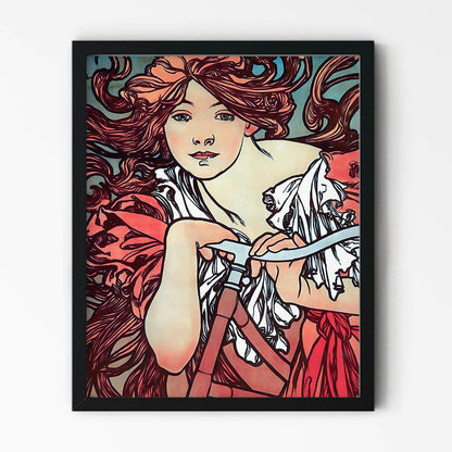 Woman with Flowing Red Hair on a Bicycle Painting in Black Picture Frame