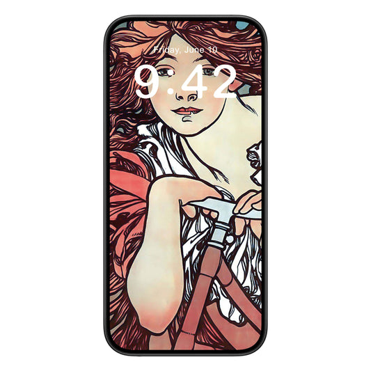 Art Nouveau phone wallpaper background with alphonse mucha design shown on a phone lock screen, instant download available.
