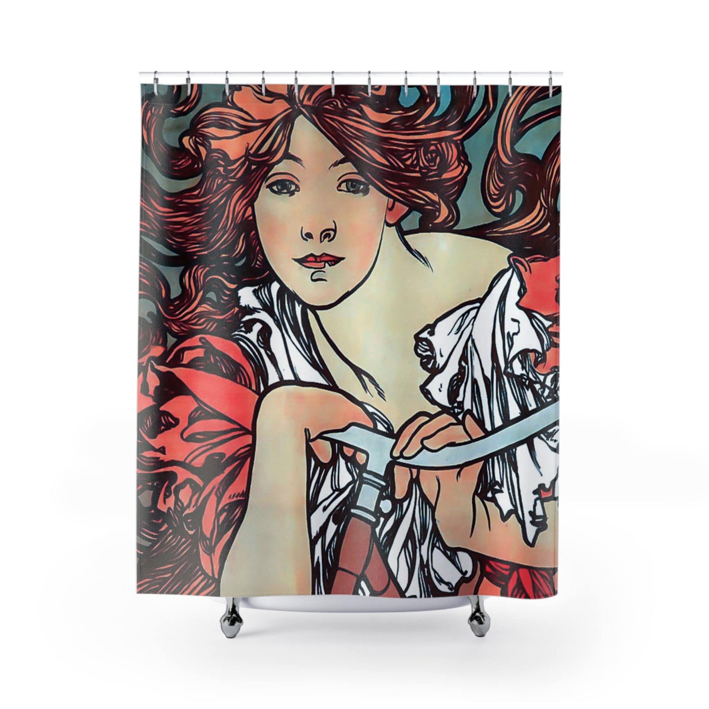 Art Nouveau Shower Curtain with Alphonse Mucha design, artistic bathroom decor showcasing Mucha's intricate Art Nouveau artwork.