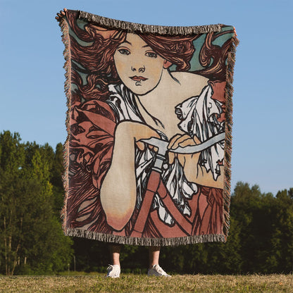 Vintage Bicycle Woven Blanket Held Up Outside