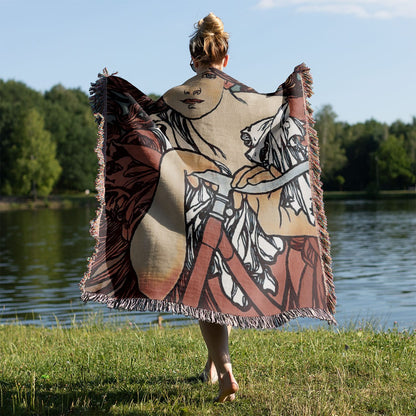 Vintage Bicycle Woven Blanket Held on a Woman's Back Outside