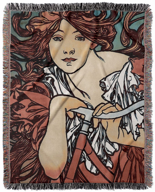 Art Nouveau woven throw blanket, made of 100% cotton, featuring a soft and cozy texture with an Alphonse Mucha design for home decor.