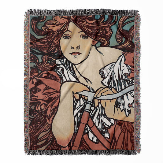 Art Nouveau woven throw blanket, made of 100% cotton, featuring a soft and cozy texture with an Alphonse Mucha design for home decor.