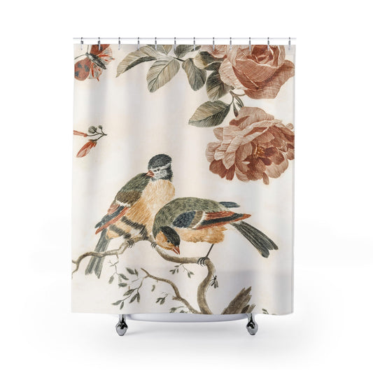 Vintage Bird Drawing Shower Curtain with nature design, rustic bathroom decor showcasing detailed bird art.