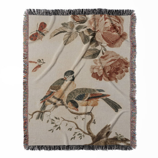 Vintage Bird Drawing woven throw blanket, made with 100% cotton, offering a soft and cozy texture with a nature theme for home decor.