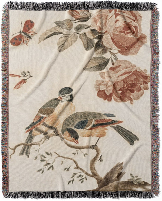 Vintage Bird Drawing woven throw blanket, made with 100% cotton, offering a soft and cozy texture with a nature theme for home decor.