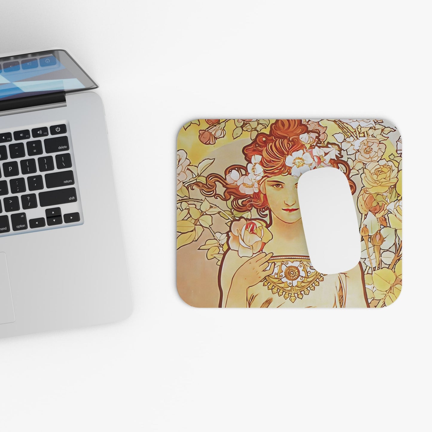 Vintage Bohemian Flower Design Laptop Mouse Pad with White Mouse