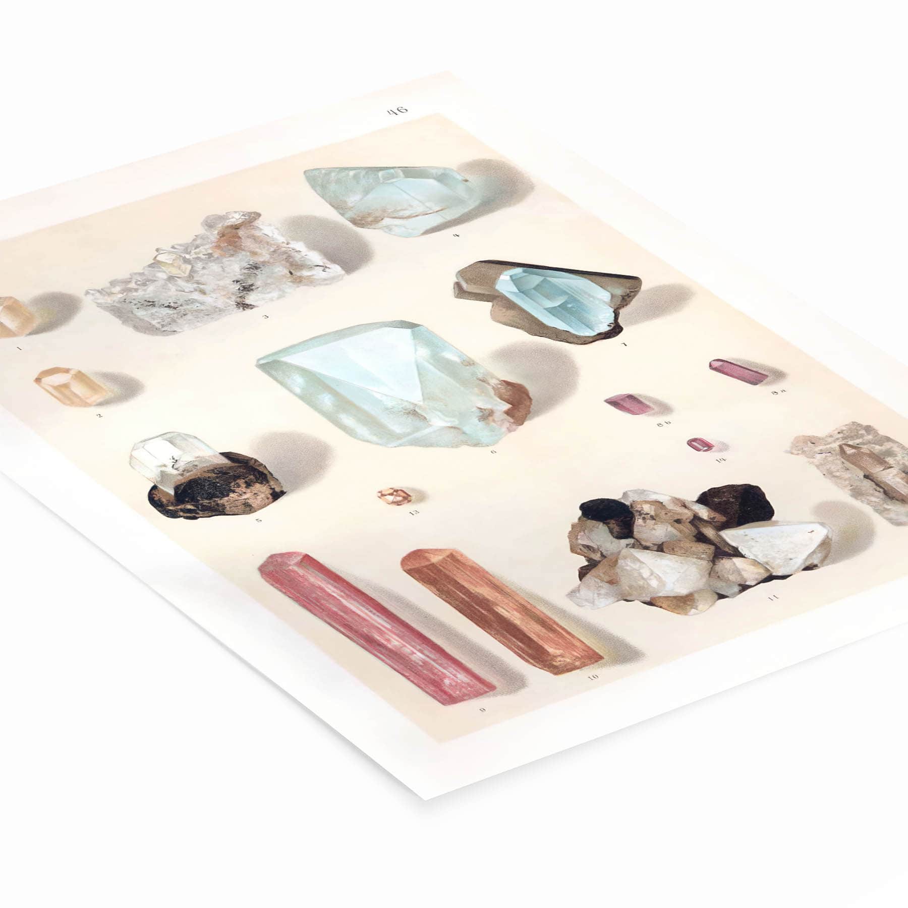 Vintage Crystals and Gemstones Art Print Laying Flat on a White Background