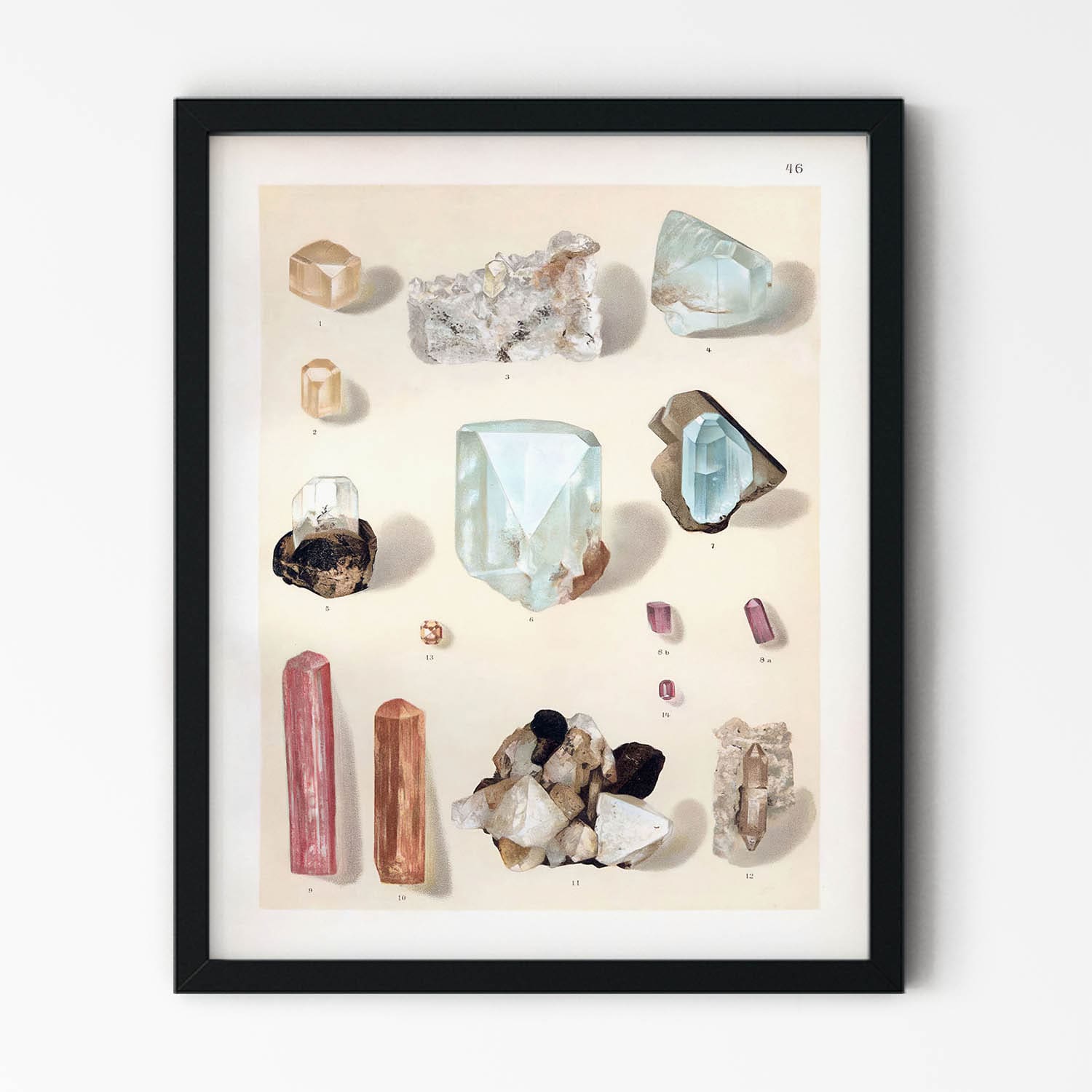 Vintage Crystals and Gemstones Art Print in Black Picture Frame