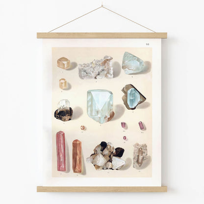 Vintage Crystals and Gemstones Art Print in Wood Hanger Frame on Wall