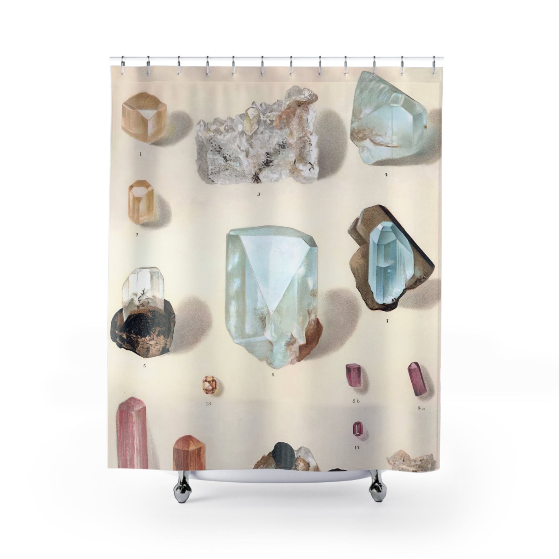 Crystals and Gemstones Shower Curtain with diamonds and gems design, luxurious bathroom decor featuring sparkling diamonds.