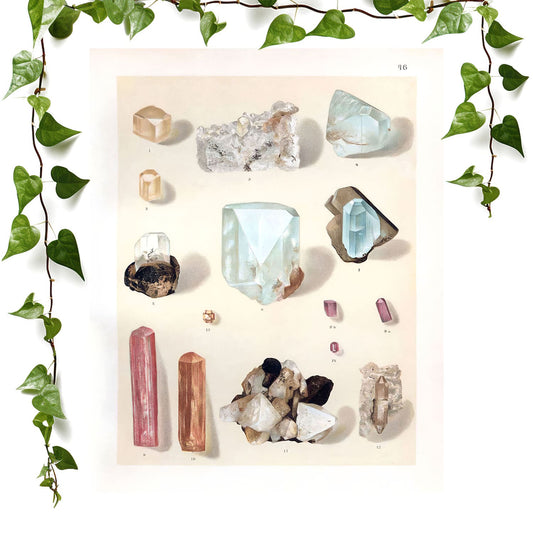 Vintage Crystals and Gemstones art print featuring diamonds and gems, vintage wall art room decor