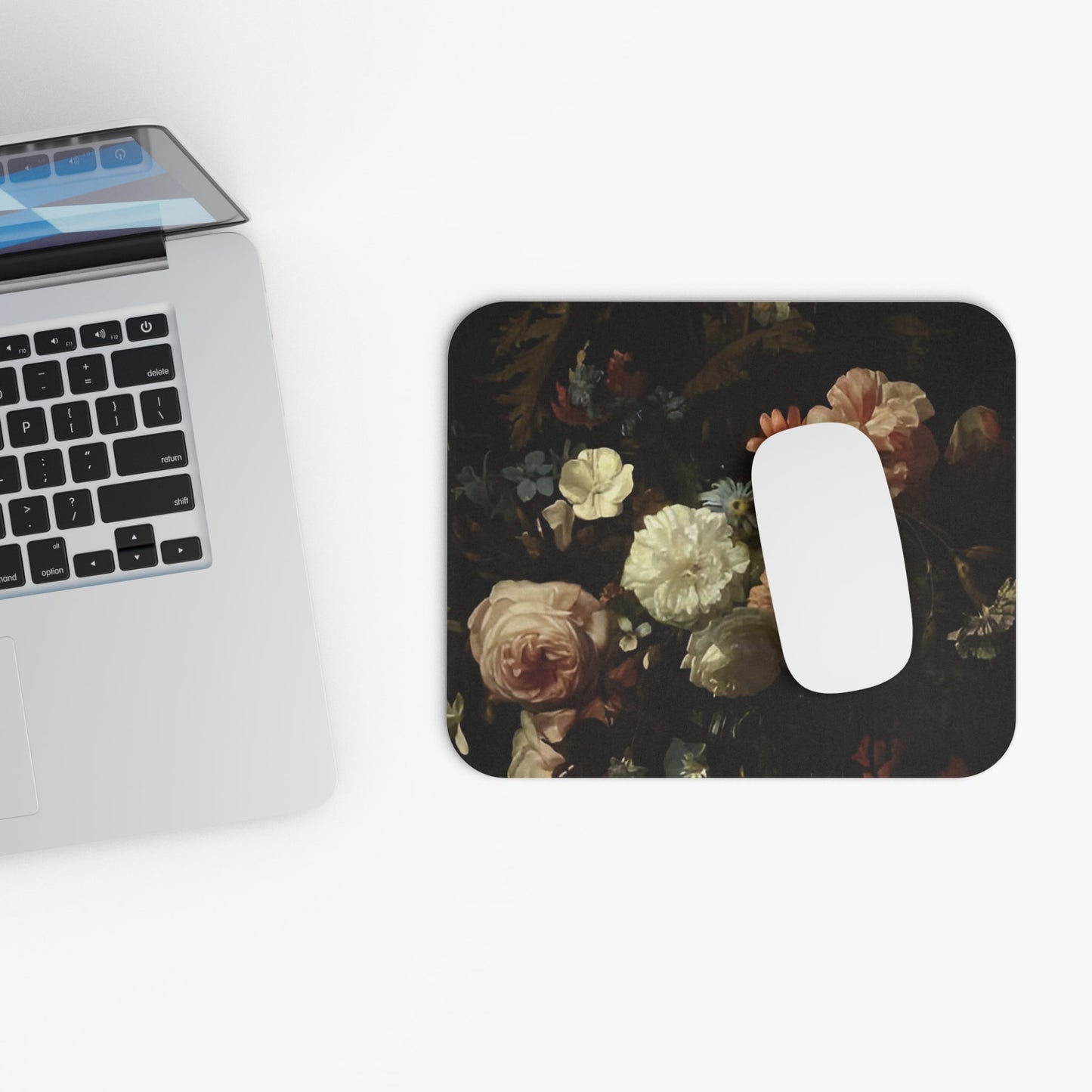 Vintage Dark Flowers Design Laptop Mouse Pad with White Mouse