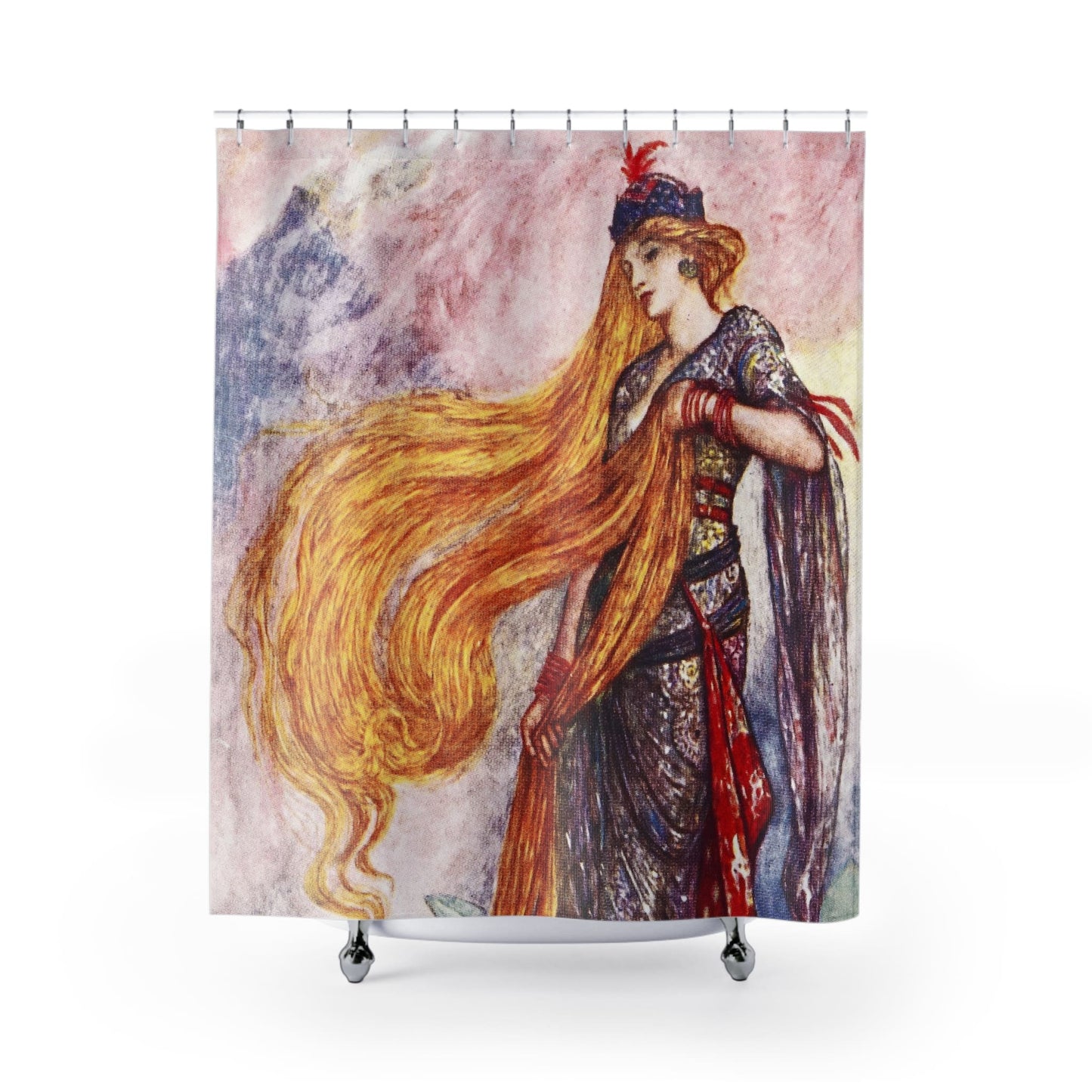 Art Nouveau Shower Curtain with story of Rapunzel design, whimsical bathroom decor featuring Art Nouveau fairy tales.