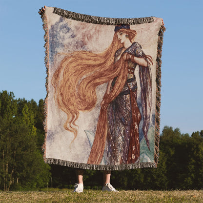 Vintage Fairy Tale Woven Blanket Held Up Outside
