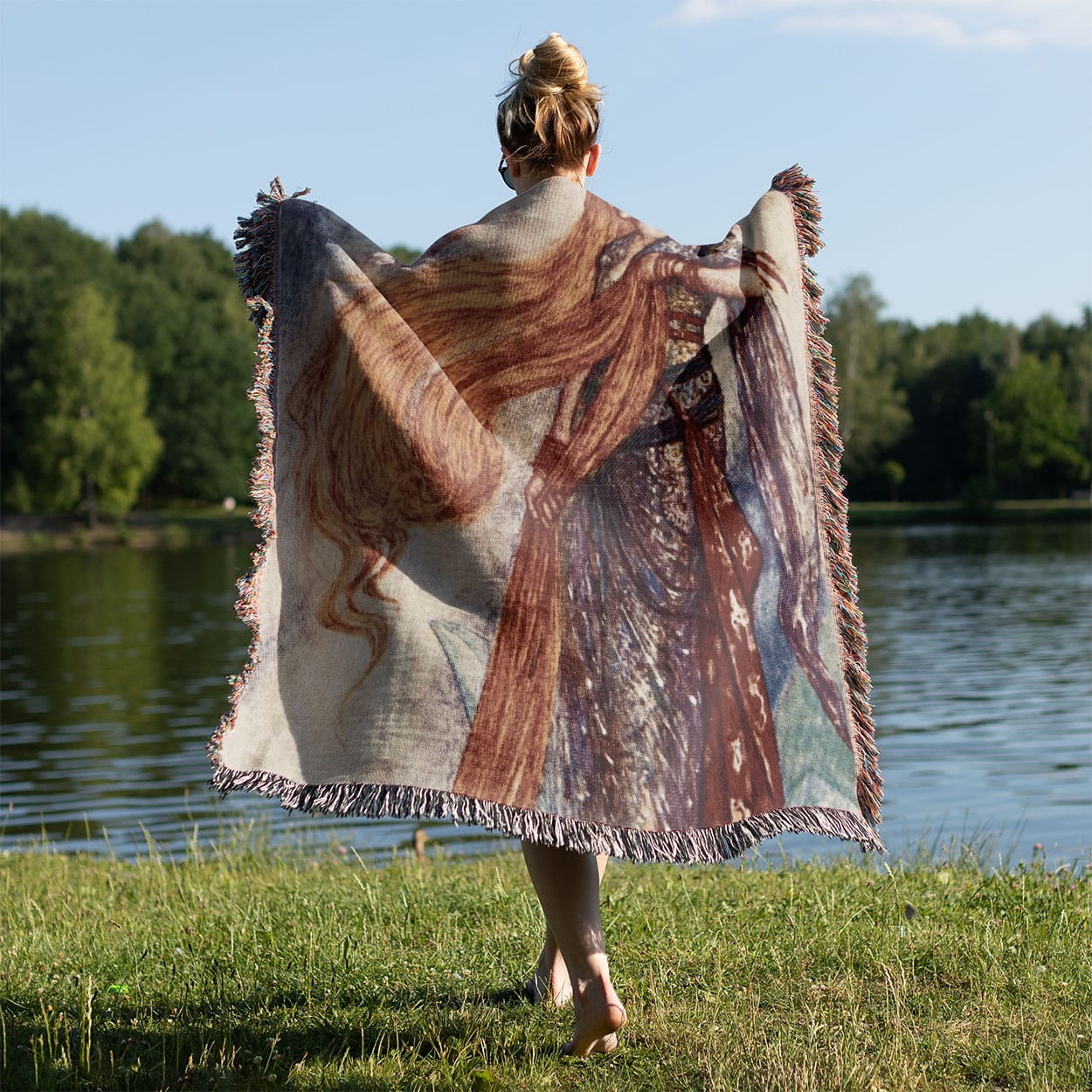 Vintage Fairy Tale Woven Blanket Held on a Woman's Back Outside