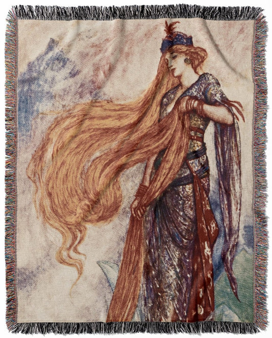 Art Nouveau woven throw blanket, made of 100% cotton, featuring a soft and cozy texture with a story of Rapunzel theme for home decor.