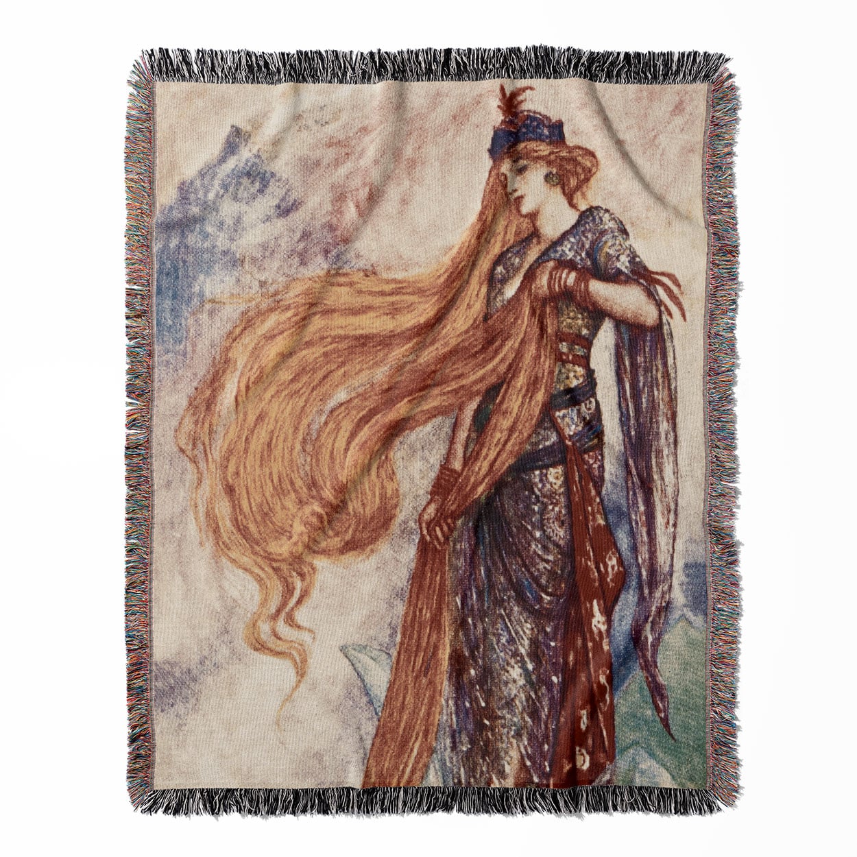 Art Nouveau woven throw blanket, made of 100% cotton, featuring a soft and cozy texture with a story of Rapunzel theme for home decor.