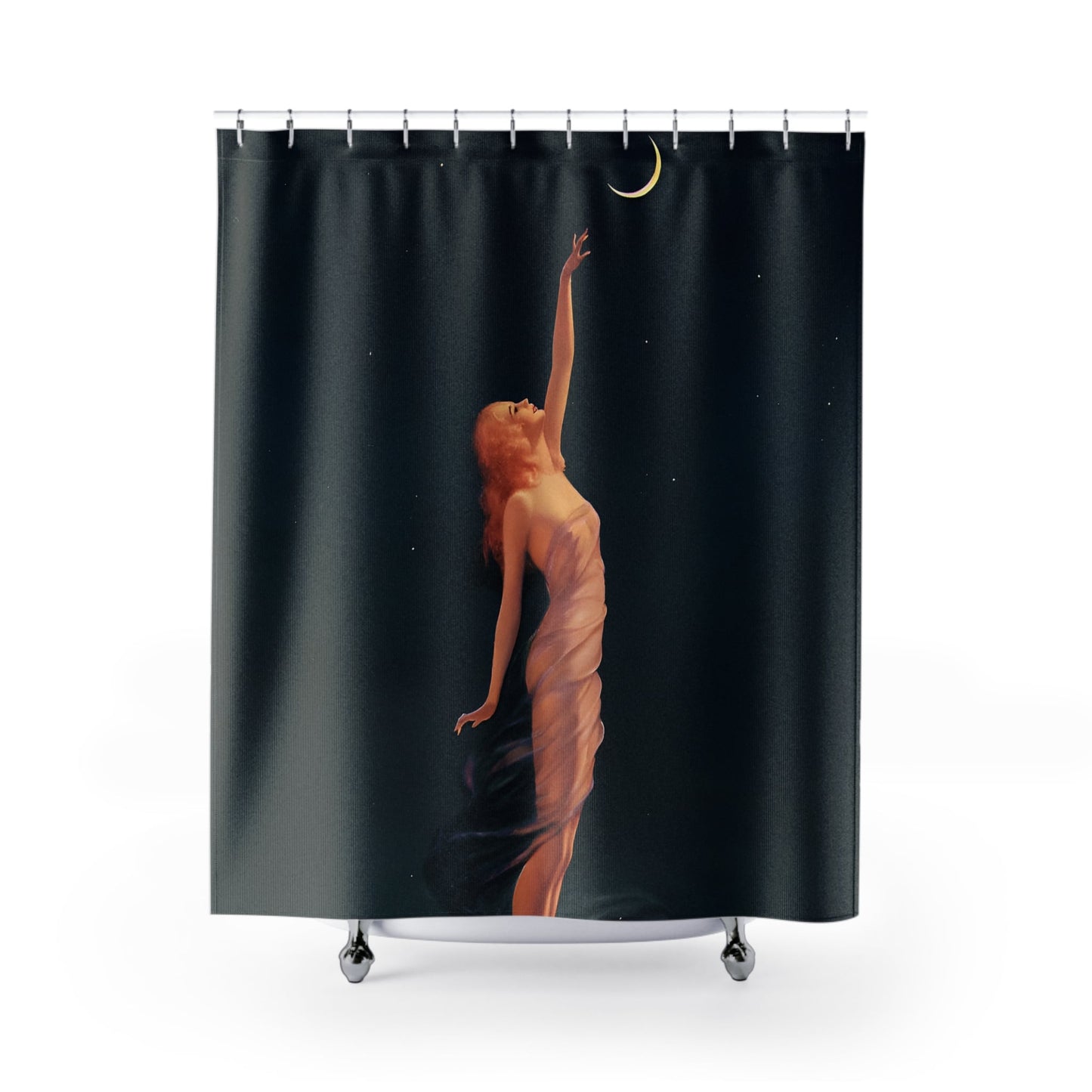 Art Nouveau Shower Curtain with reaching for the moon design, elegant bathroom decor showcasing intricate Art Nouveau art.