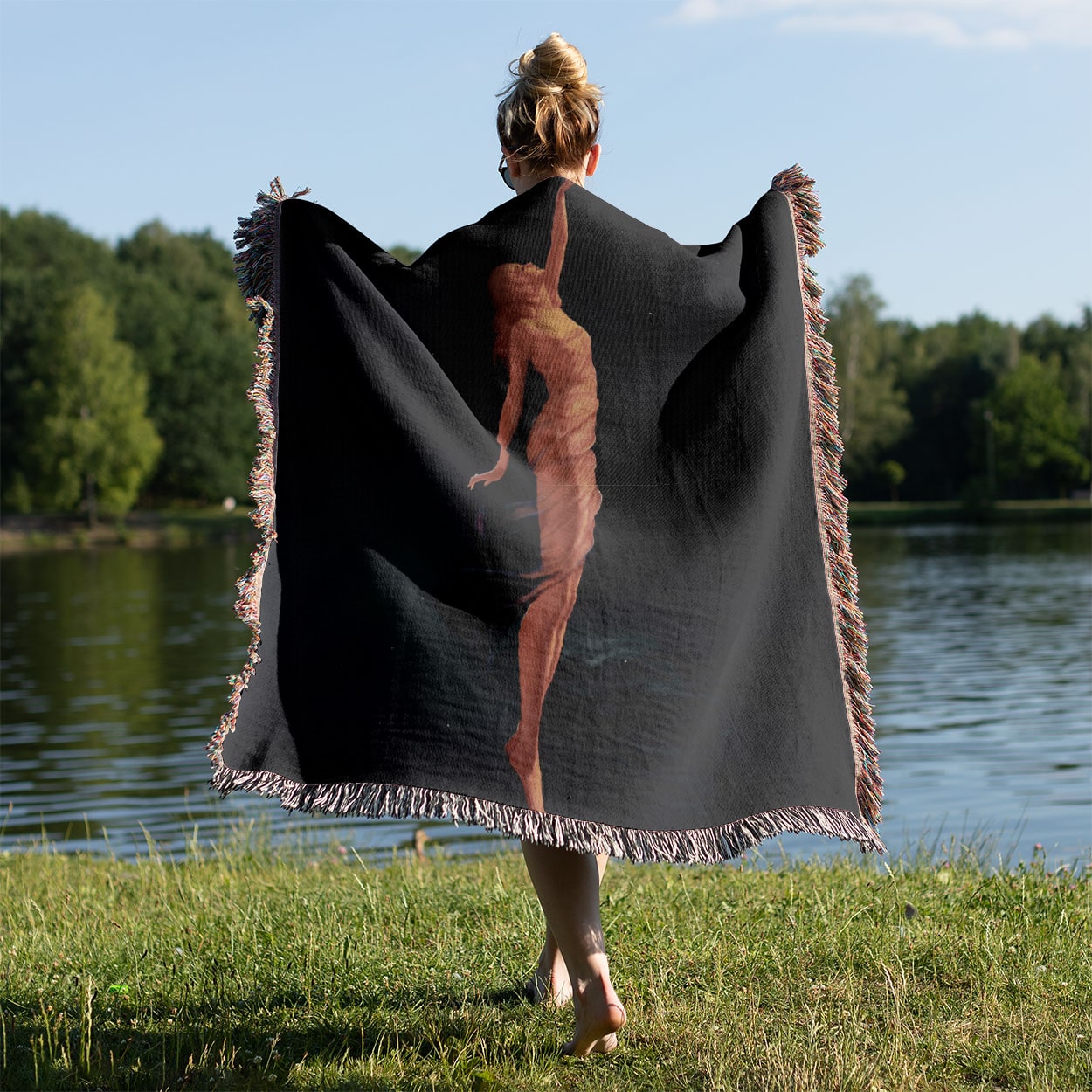 Vintage Fantasy Woven Blanket Held on a Woman's Back Outside