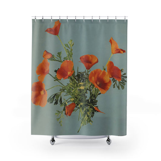 Vintage Floral Shower Curtain with poppy flowers design, classic bathroom decor featuring vibrant poppy artwork.